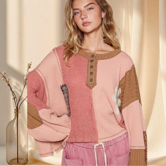 POL Sweaters - POL Patchwork Knit Henley Pullover Oversized Boho Slouch Sweater | Apricot Multi